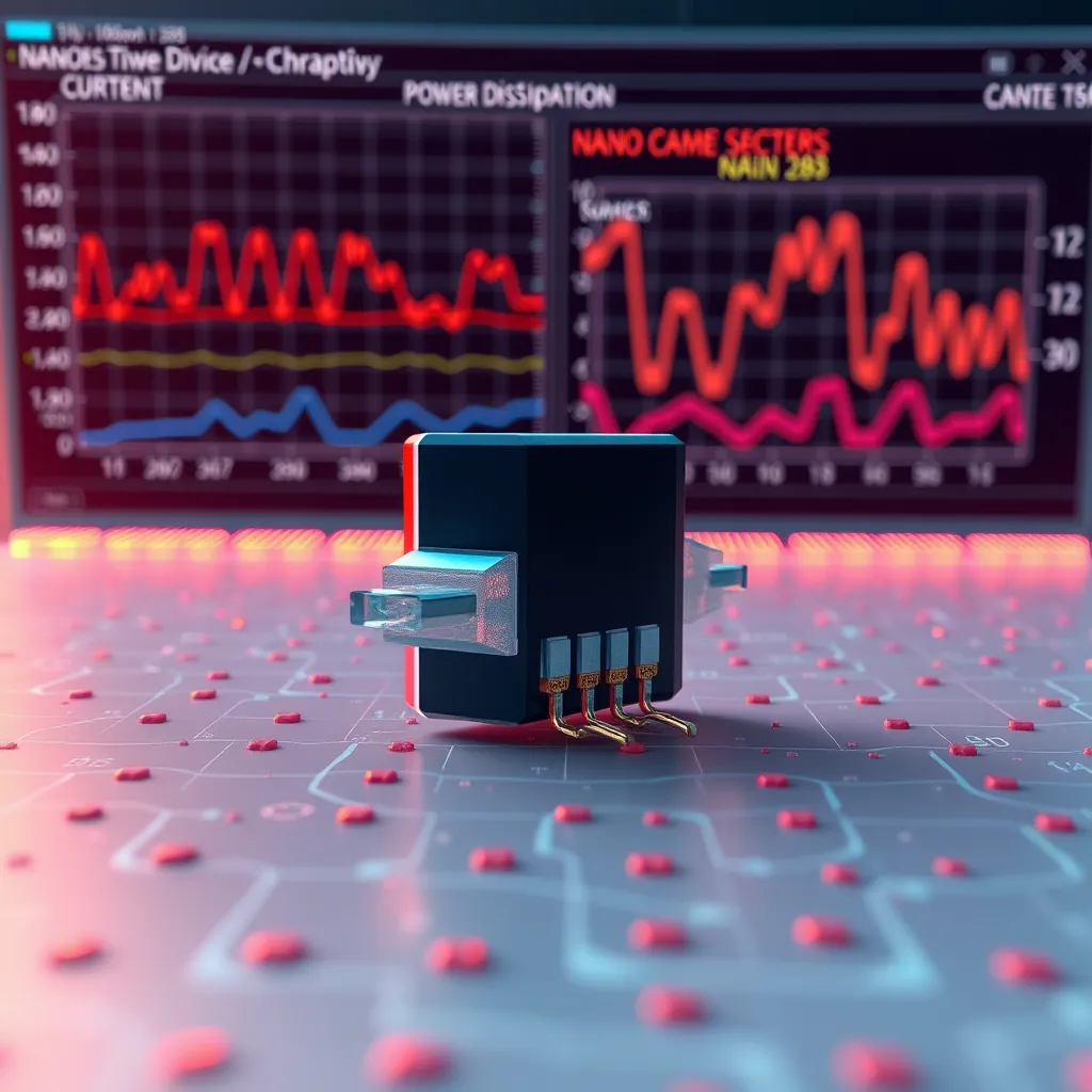 A 3D model of a nanoscale transistor composed of a nanowire channel with source and drain contacts. The transistor should be shown in a simulated environment with electrons flowing through the channel. The background should display a screen with graphs and data visualizing the device's performance, highlighting key parameters like current, voltage, and power dissipation.