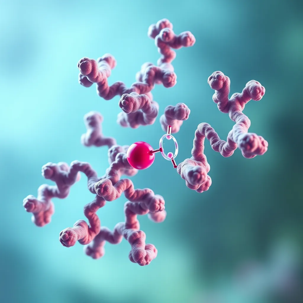 A 3D visualization of a protein molecule, with a small molecule (drug candidate) docked into its active site. The protein should be rendered in a realistic, biomolecular style, with the drug molecule highlighted in a contrasting color. The background should be a soft gradient of blue and green, representing the cellular environment.