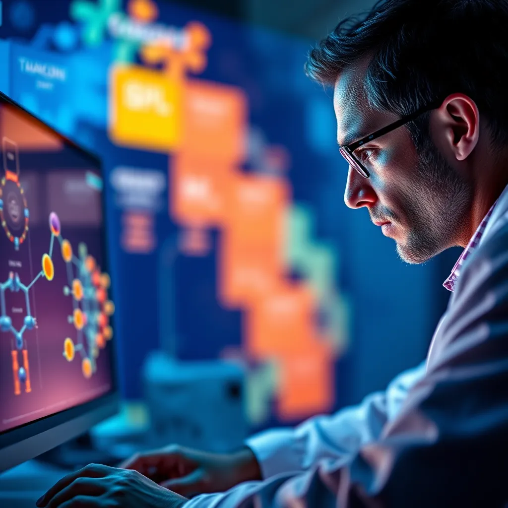 A close-up image of a scientist working on a computer, focusing on a molecular model of a complex drug molecule. The background should be a vibrant representation of the drug discovery process, with various stages highlighted: target identification, lead optimization, and clinical trials. Use a vibrant color palette of blues, oranges, and greens to represent the various stages of drug development. The lighting should be soft and focused on the scientist's face and the computer screen, creating a sense of intensity and focus. The image should be captured from a low angle, emphasizing the importance of the scientist's work. The overall mood should be one of scientific exploration, hope, and advancement in medicine.