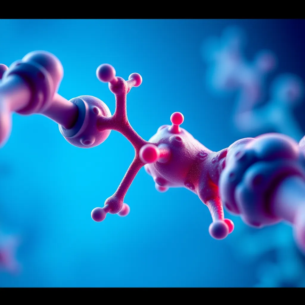 A close-up view of a drug molecule interacting with the active site of a protein. The drug molecule should be rendered in a detailed, atomic level representation, showing the interactions with amino acid residues in the active site. The background should be a vibrant blue, representing the molecular environment.