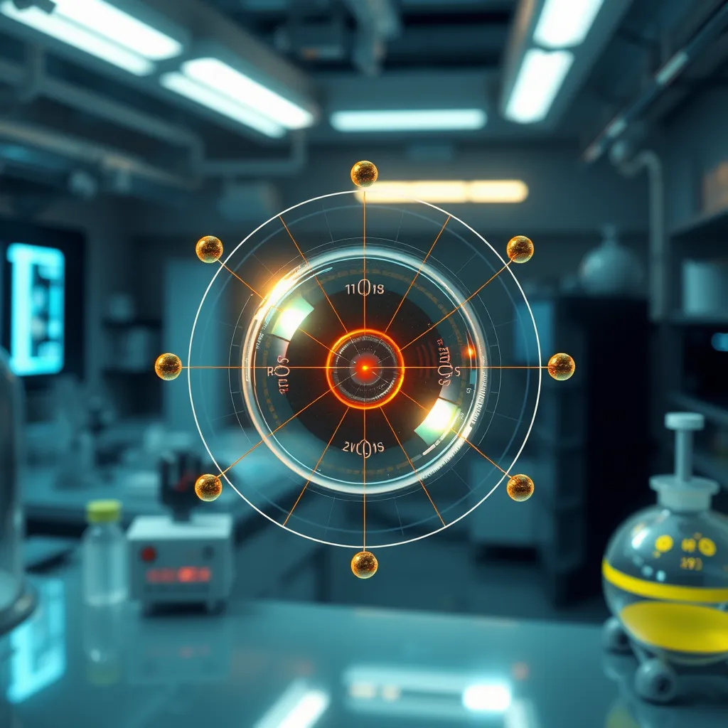 A depiction of a quantum dot with a distinct energy level diagram, showcasing the quantized energy states. The background should feature a futuristic laboratory setting with advanced equipment and researchers studying the energy level diagrams and simulating the behavior of electrons within the quantum dot.