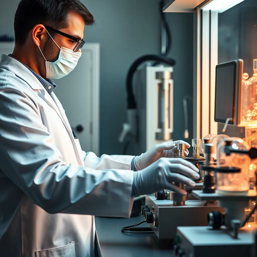 A scientist in a lab setting, manipulating a complex machine that uses different techniques to control the crystallization process of a drug. The machine should have multiple knobs and levers, representing different parameters like temperature, pressure, and solvent conditions. The scientist should be wearing a lab coat and gloves, emphasizing the precision and careful control required for manipulating crystal structure and ensuring consistent drug quality.