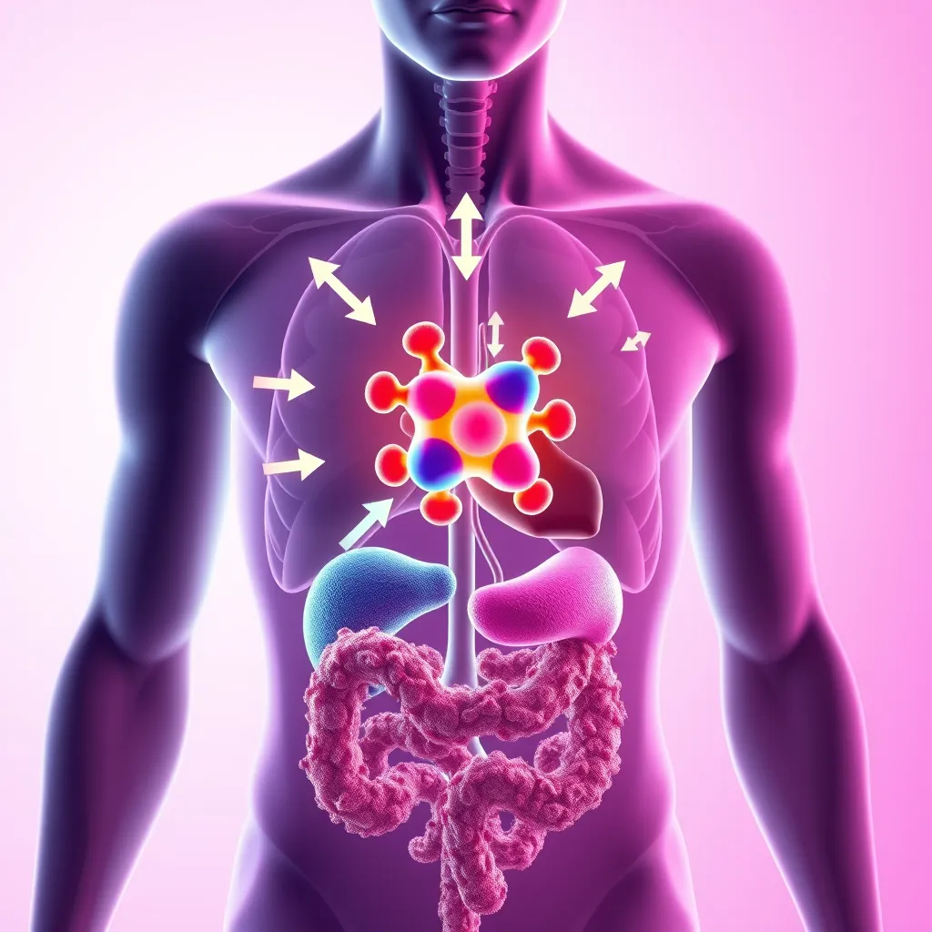 A stylized representation of a human body with arrows showing the movement of a drug molecule through different organs and tissues. The drug molecule should be represented as a colorful, abstract shape, with its movement and interaction with biological systems highlighted. The background should be a soft gradient of pink and purple, representing the human body.