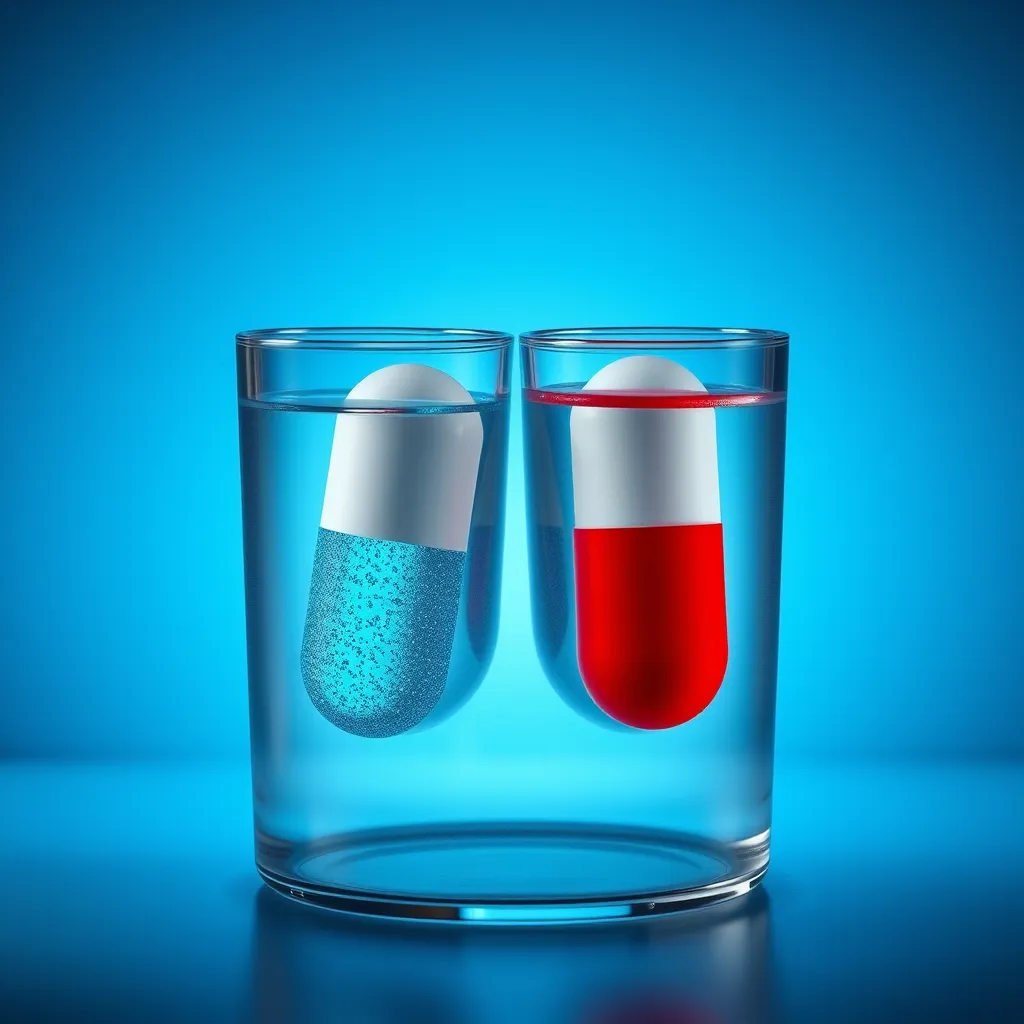 Two identical pills, one dissolving rapidly and the other dissolving slowly in a glass of water. The faster-dissolving pill should have a clear, bright blue hue, representing a more soluble polymorph. The slower-dissolving pill should have a darker, opaque red hue, representing a less soluble polymorph. The image should focus on the contrasting dissolution rates and highlight the difference in colors to visually represent the two polymorphs.